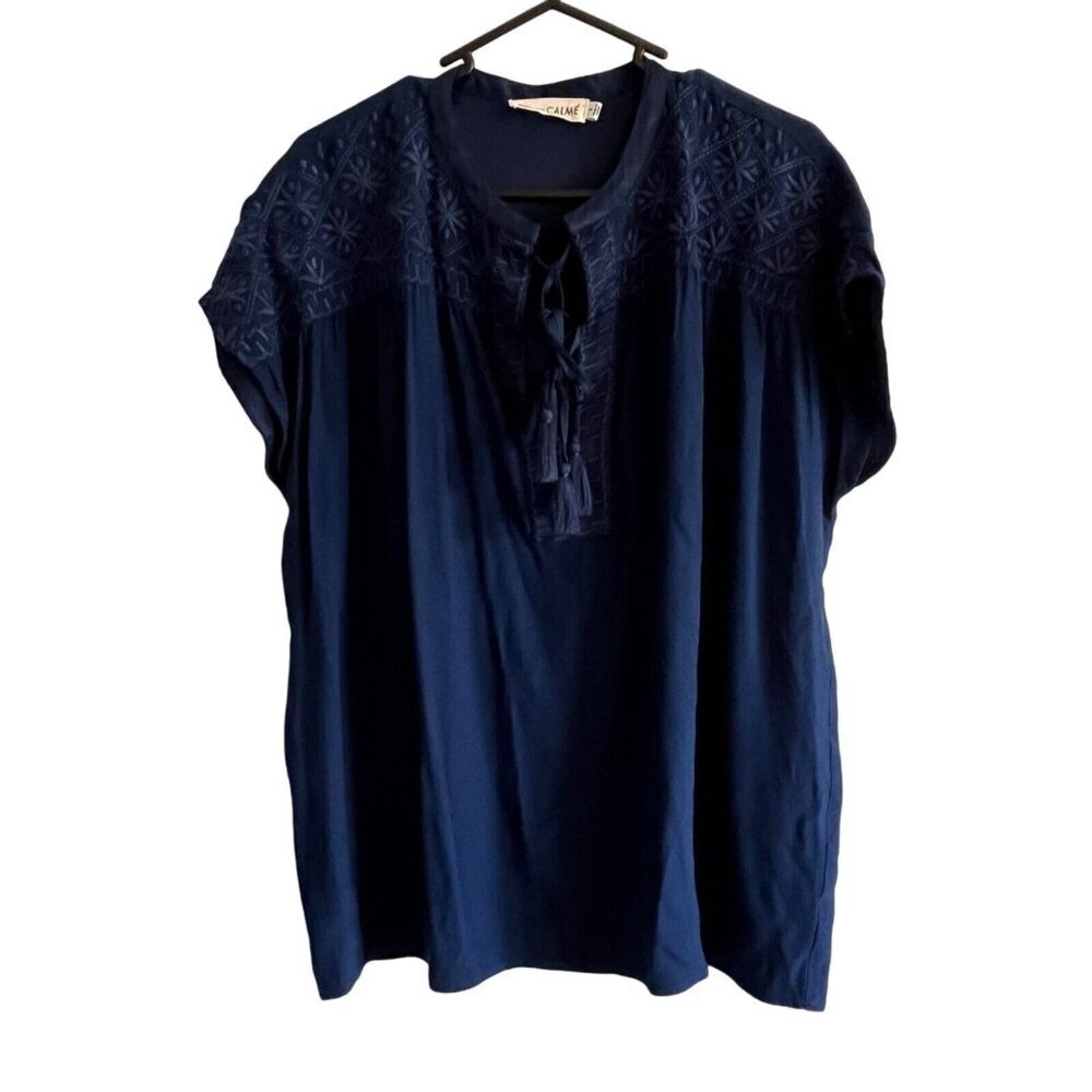 Johnny Was Calme Double Tassel Floral‎ Embroidered Blue Boho Blouse Size Small